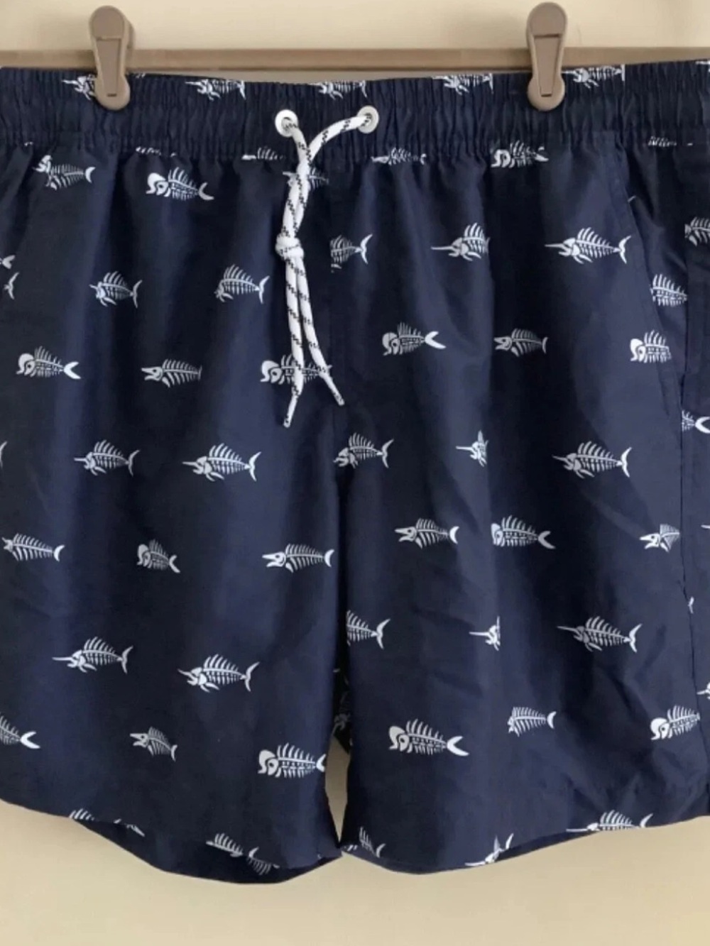 Men's Black Swim Trunks with Pale Yellow Fish Skeleton Print